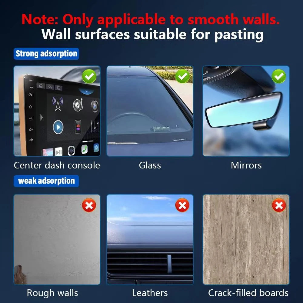 Infographic showing suitable smooth surfaces for suction-mount accessories versus unsuitable rough surfaces.