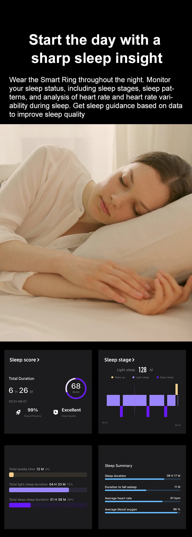 A woman sleeping wearing a sleek, dark health-tracking ring, with app interface showing sleep and heart rate data.