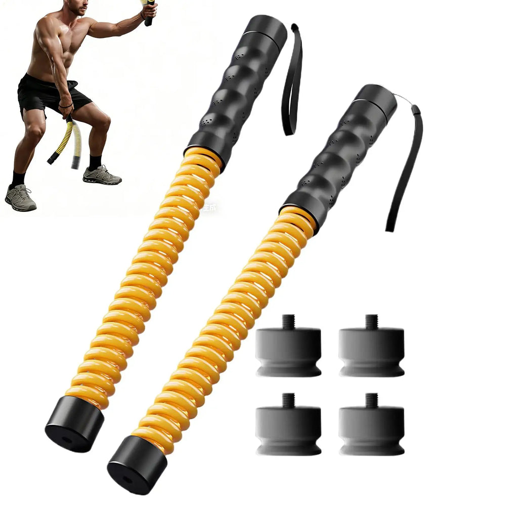 Two yellow spring-style weighted resistance training bars with black ergonomic handles, wrist straps, and screw-on ends.