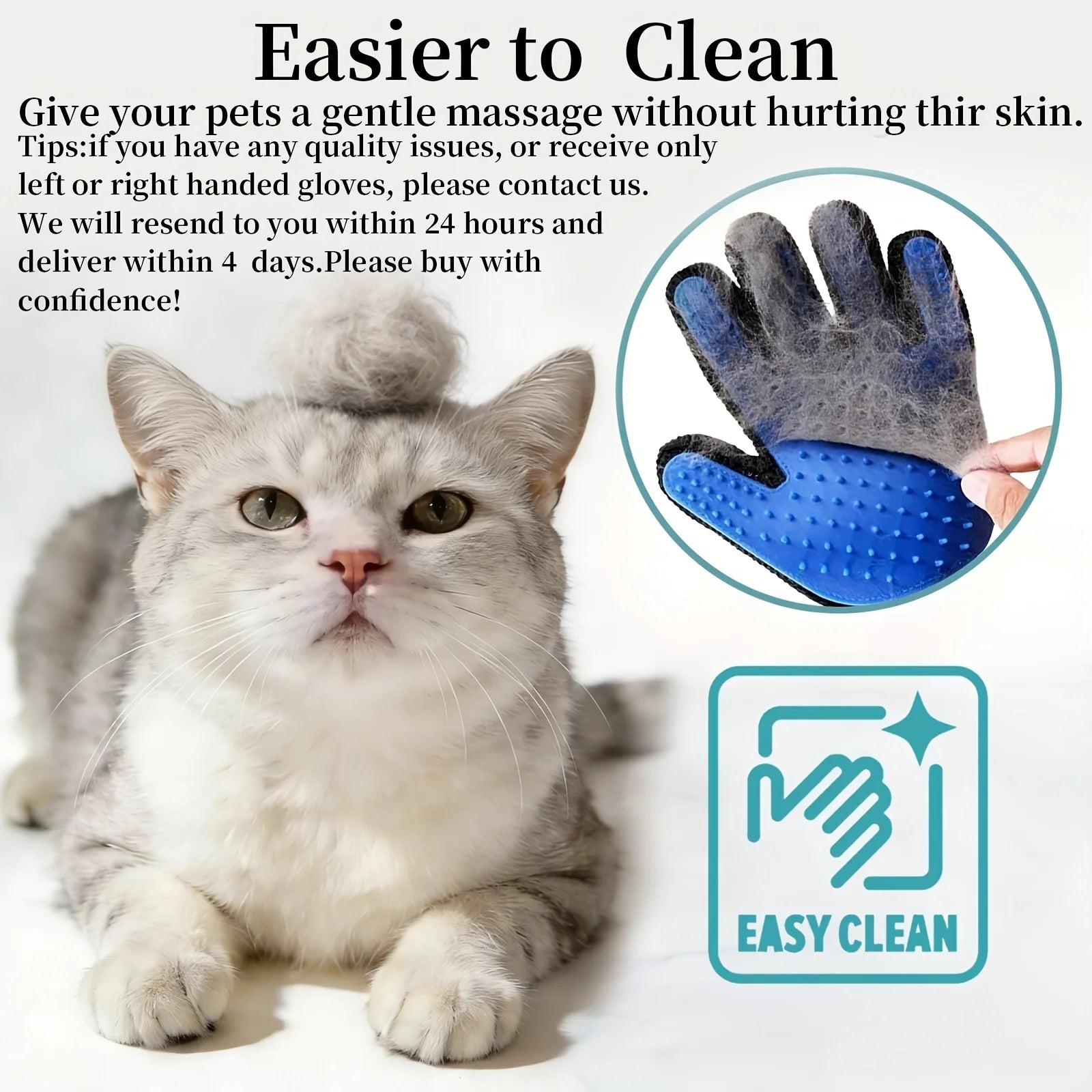 Blue rubber pet grooming glove covered in hair, next to a grey cat with a small tuft of fur on its head.