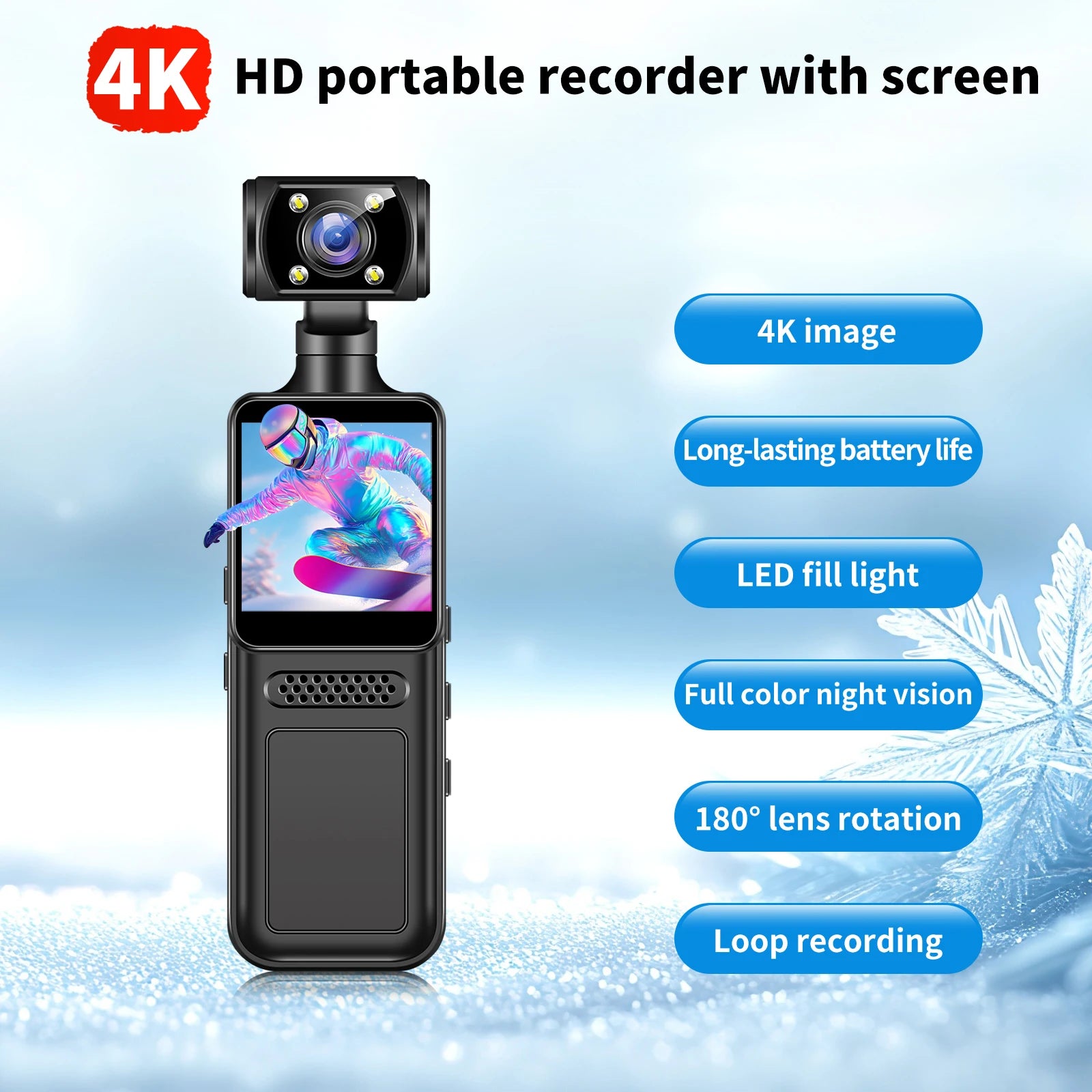 Black portable body camera with a 180° rotatable 4K lens, built-in screen and LED fill light.