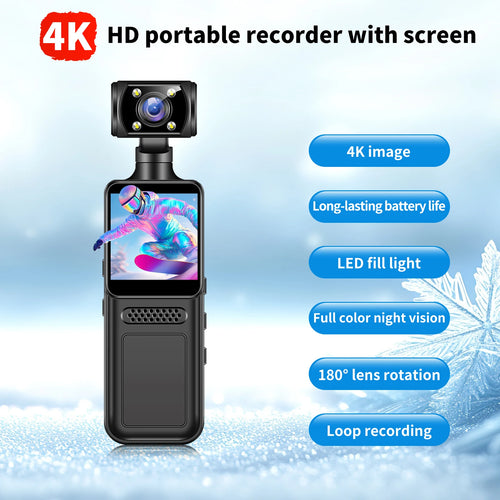 Black portable body camera with a 180° rotatable 4K lens, built-in screen and LED fill light.