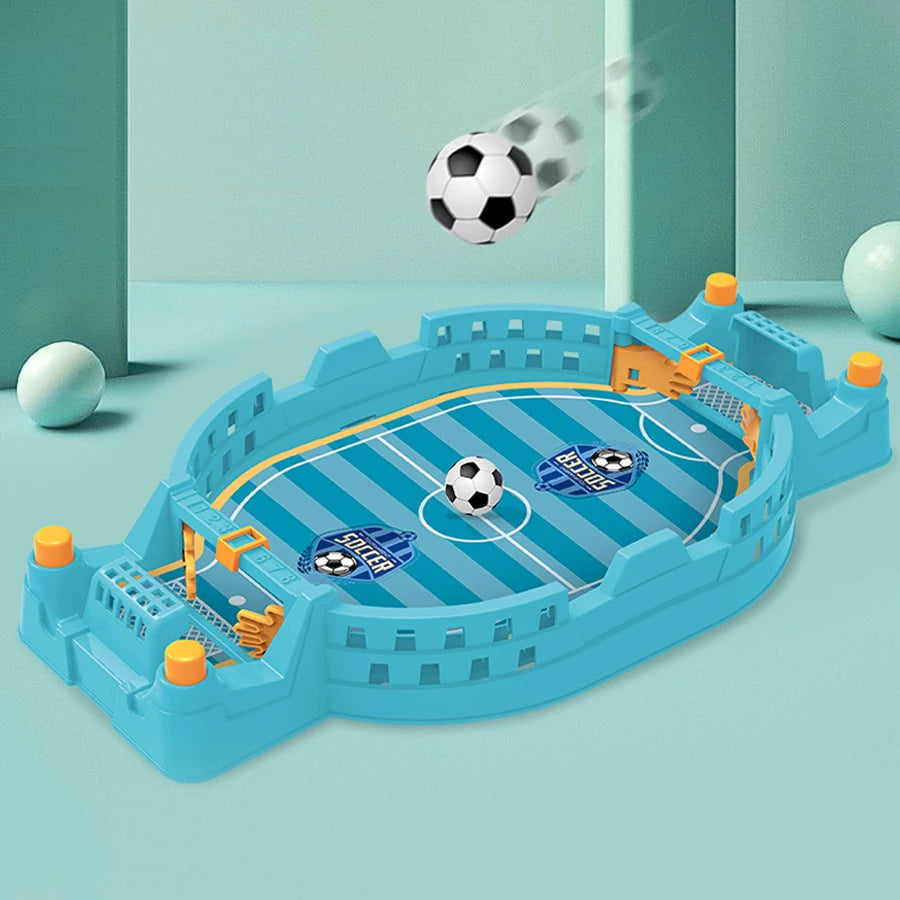 Blue tabletop football game with a striped pitch, nets, and mini soccer balls for interactive play.