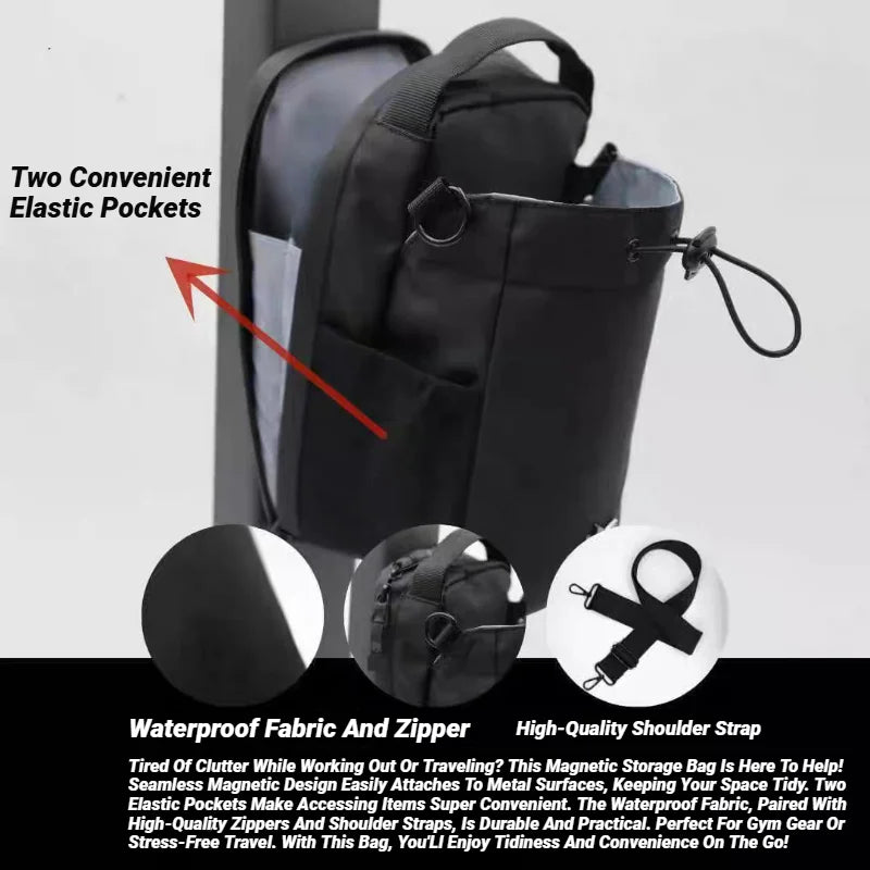 Black magnetic storage bag with side elastic pockets, drawstring top, and an included shoulder strap.