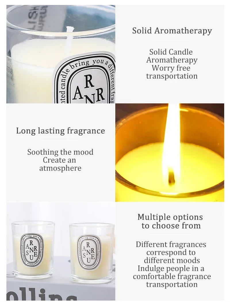 Two scented candles in clear glass jars with minimalist white labels, featuring a cream wax and a warm, glowing flame.