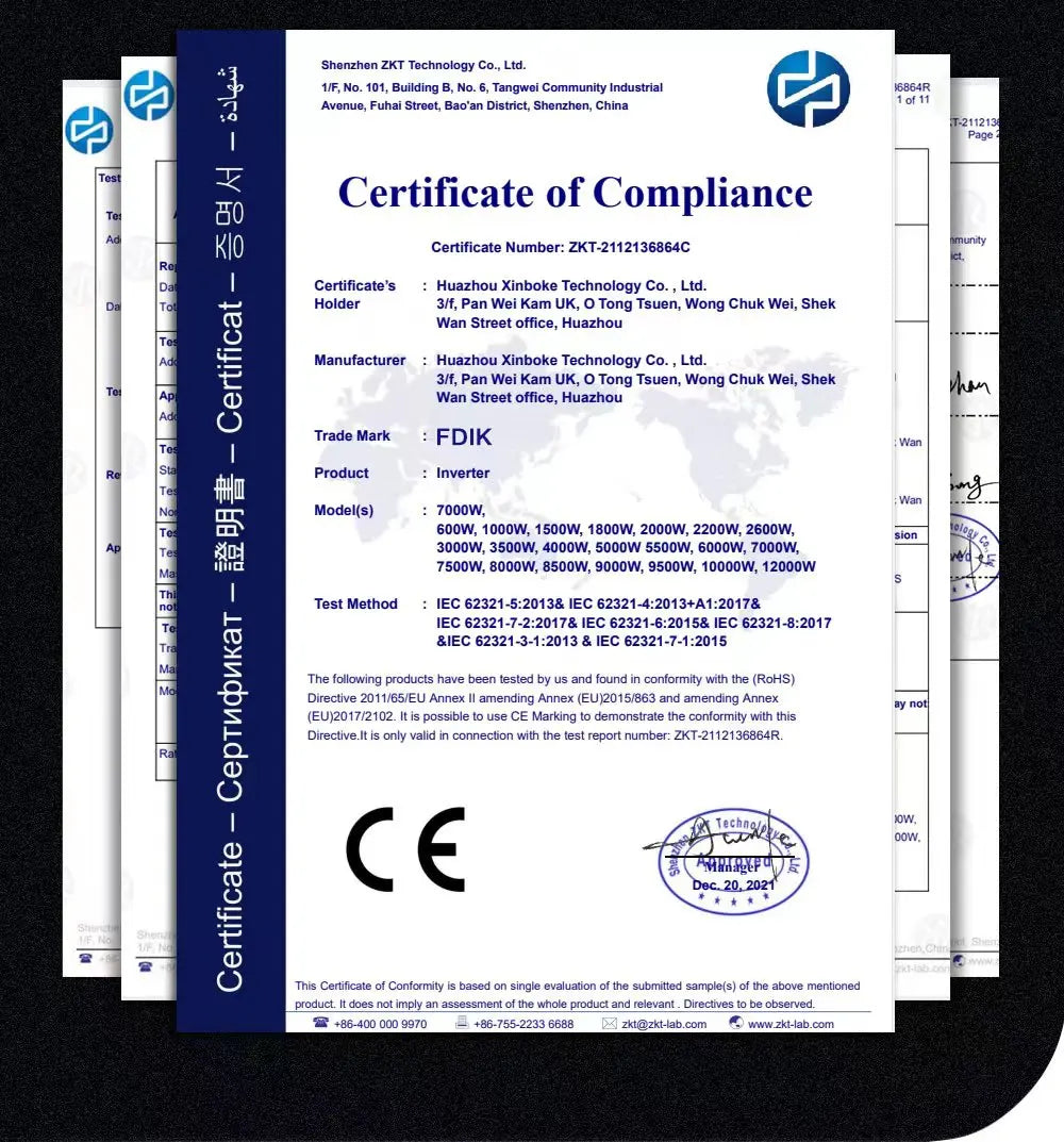 A stack of official compliance certification documents for a pure sine wave power inverter with the CE quality mark.