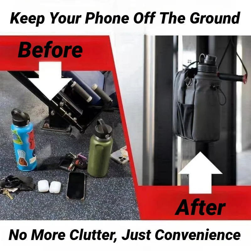 Before and after comparison of a black magnetic gym water bottle holder attached to equipment, keeping items off floor.
