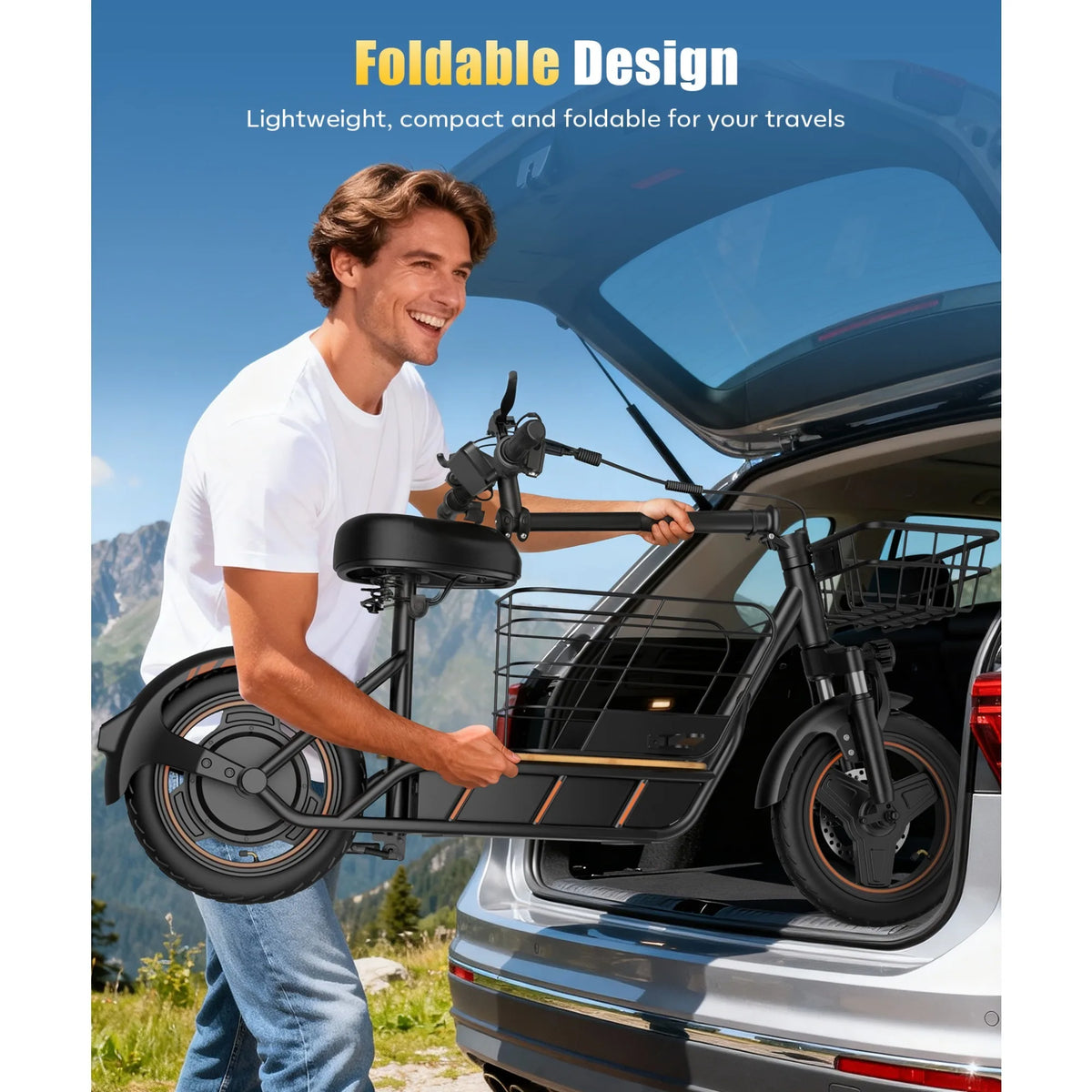 Man loading a black FREEBOY H14 electric scooter with a seat and shopping basket into a car trunk.