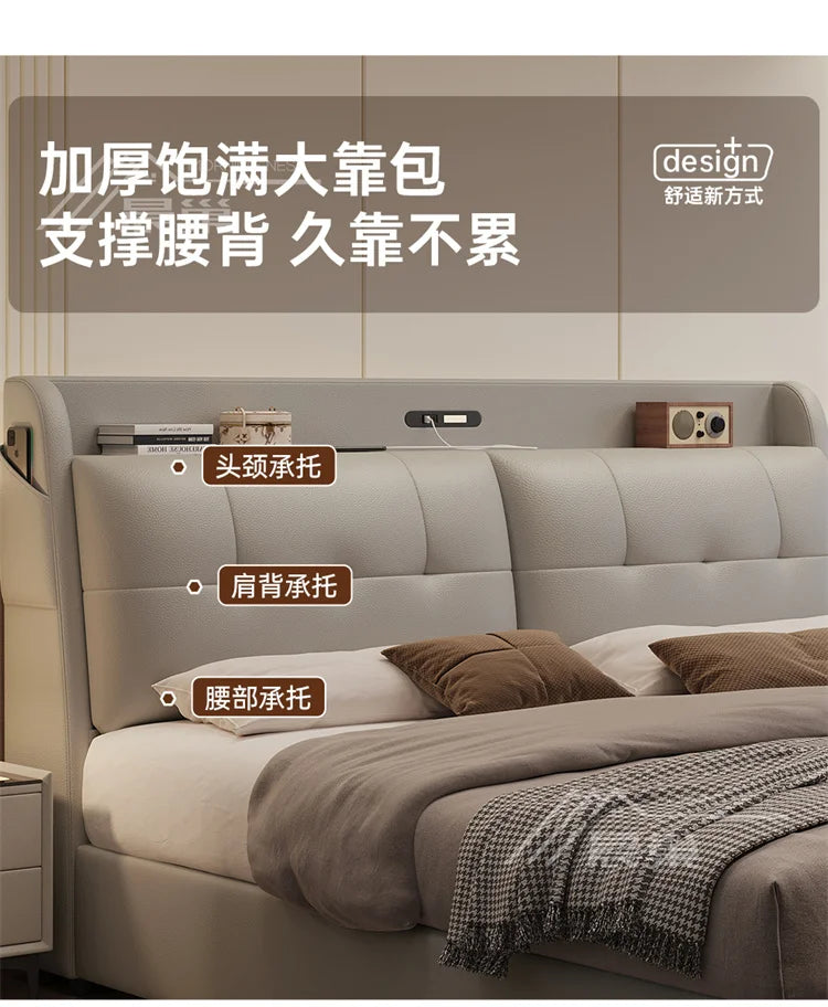 Modern cream upholstered bed featuring a plush headboard, built-in shelving, and integrated charging port.