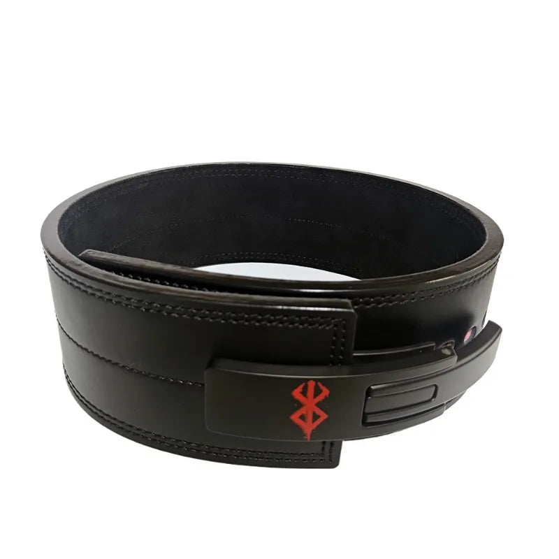 A black lifting belt with white stitching and a black lever buckle featuring a red logo.