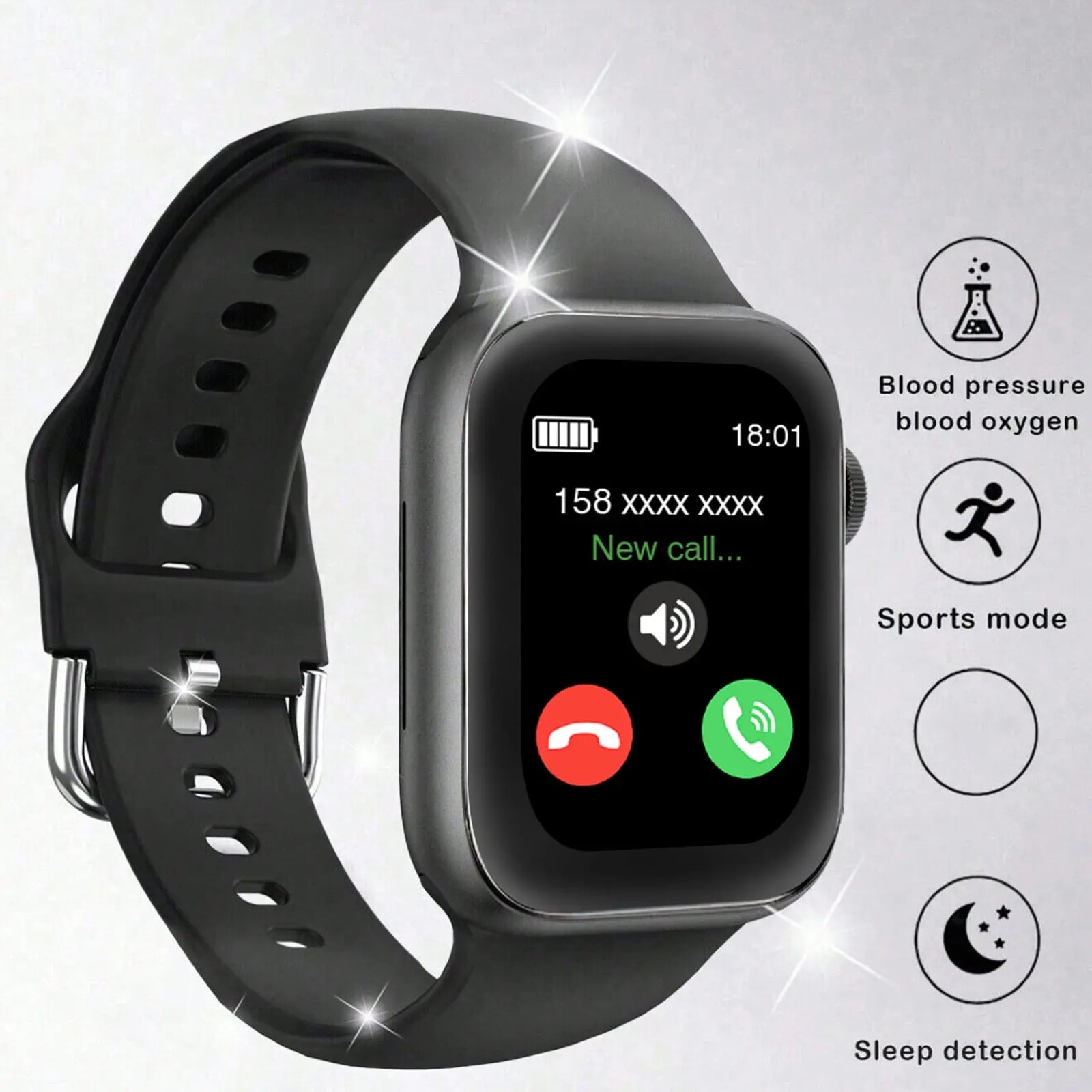 Black smart watch with a digital display showing an incoming call, plus icons for health and sports tracking features.