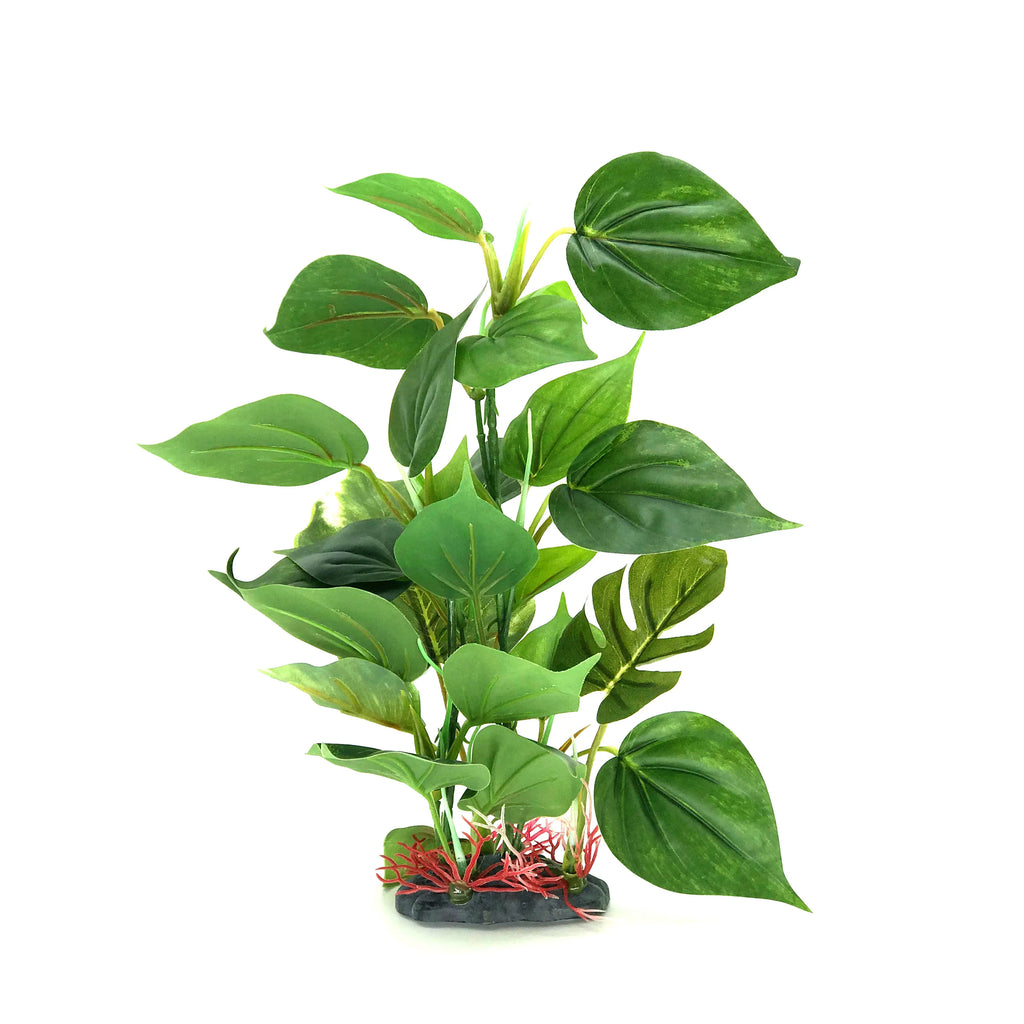 Artificial aquarium plant with green, heart-shaped leaves and red base accents on a small gray rock stand.