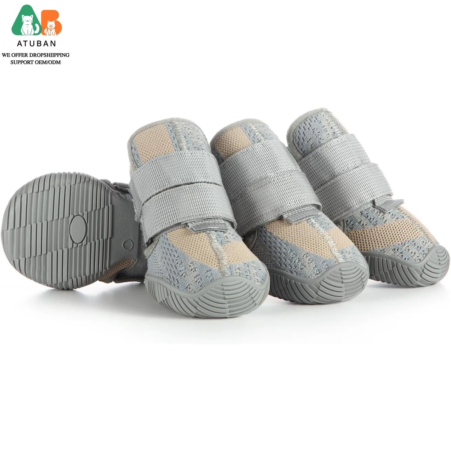 Grey and beige breathable dog boots featuring rugged non-slip rubber soles and secure Velcro fastening straps.