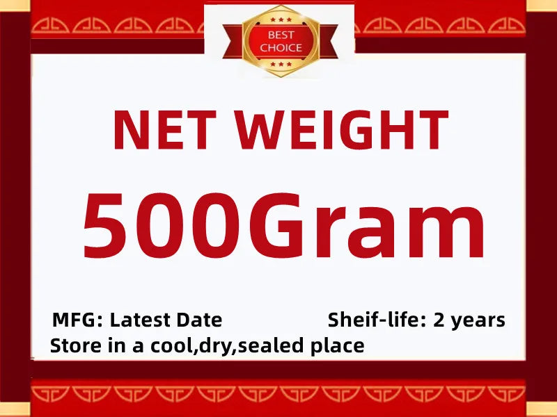 Product label showing a 500g net weight, 2-year shelf life, and storage instructions in red, white, and gold design.
