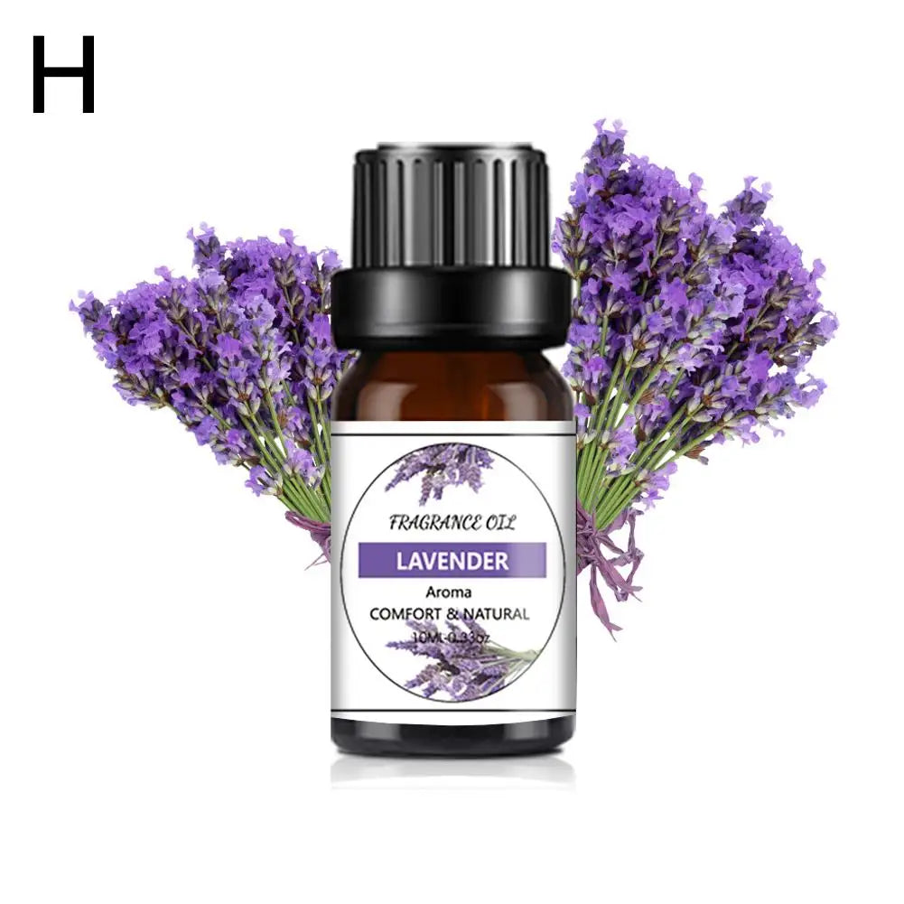 10ml amber glass bottle of lavender fragrance oil, featuring a white label with purple accents and fresh lavender sprigs.