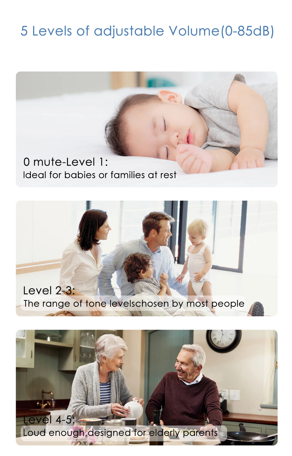 Wireless doorbell chime featuring 5 adjustable volume levels, suitable for babies, families, and the elderly.