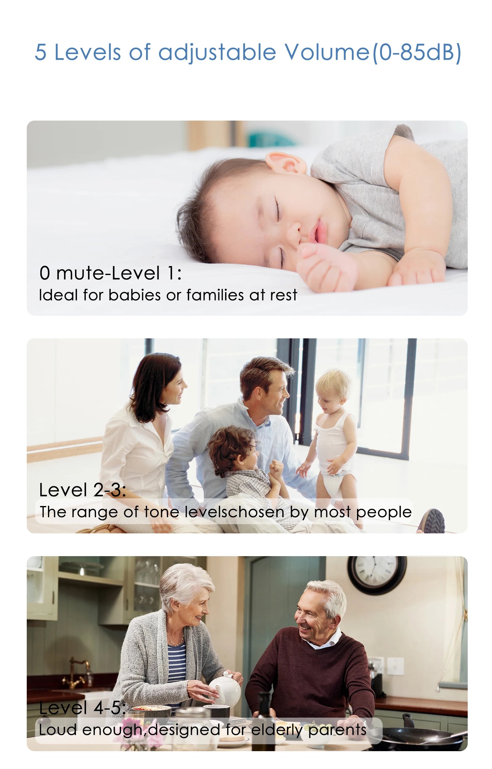 Wireless doorbell chime featuring 5 adjustable volume levels, suitable for babies, families, and the elderly.