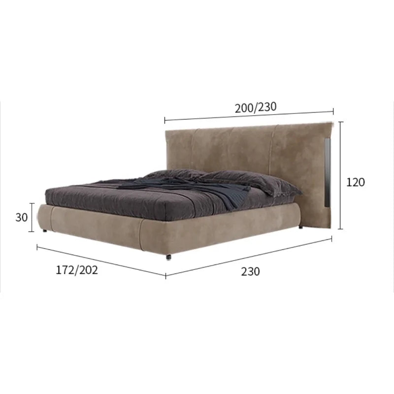A low-profile, taupe upholstered bed with a large, padded headboard and technical measurements overlaid.