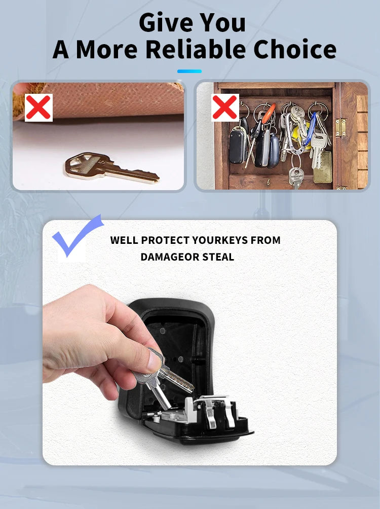 A black, heavy-duty metal wall-mounted key lock box with a combination lock mechanism for secure key storage.