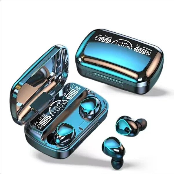 Wireless earbuds with a metallic blue charging case featuring a digital battery display screen.