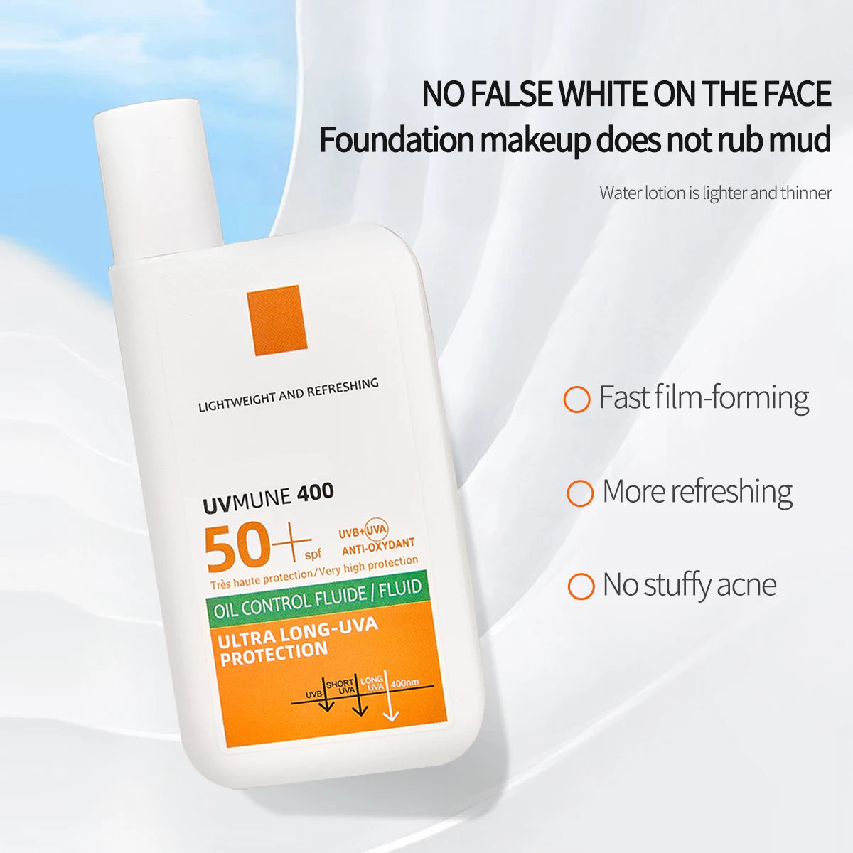 White bottle of SPF 50+ oil-control facial fluid with orange accents, offering high UV protection and a clear finish.