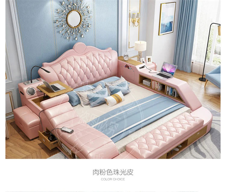 Modern pink upholstered double bed with tufted headboard, built-in shelving, side storage, and a pull-out desk.