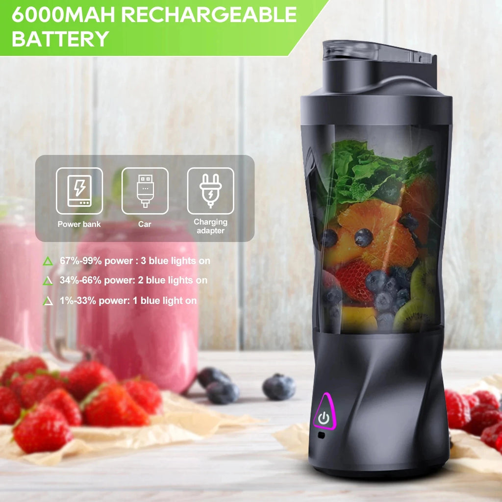 Portable black electric blender with a 6000mAh rechargeable battery, clear container, and a glowing power button.