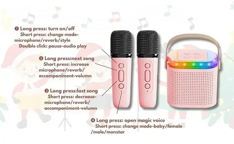Pink portable karaoke speaker with two matching microphones, featuring vibrant RGB lights and button control diagrams.