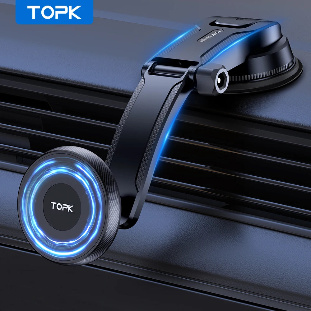 Black magnetic car phone mount with a long arm, suction cup base, and glowing blue circular light ring.