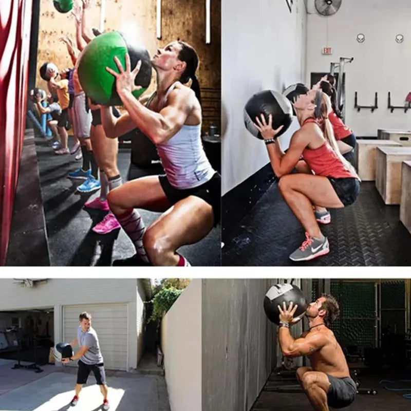 Four images show men and women exercising by throwing medicine balls against walls.