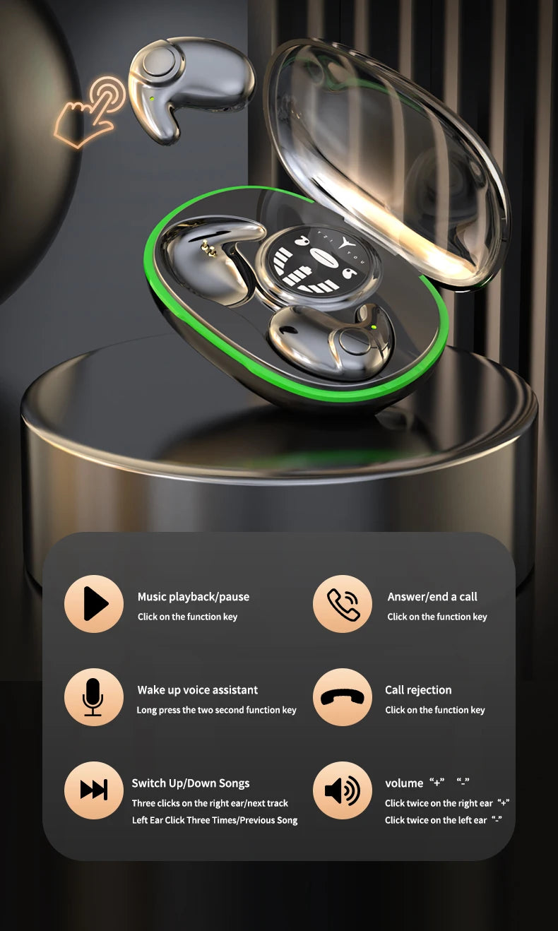 Silver wireless earbuds with a metallic finish, stored in a round, light-up charging case with a digital display.