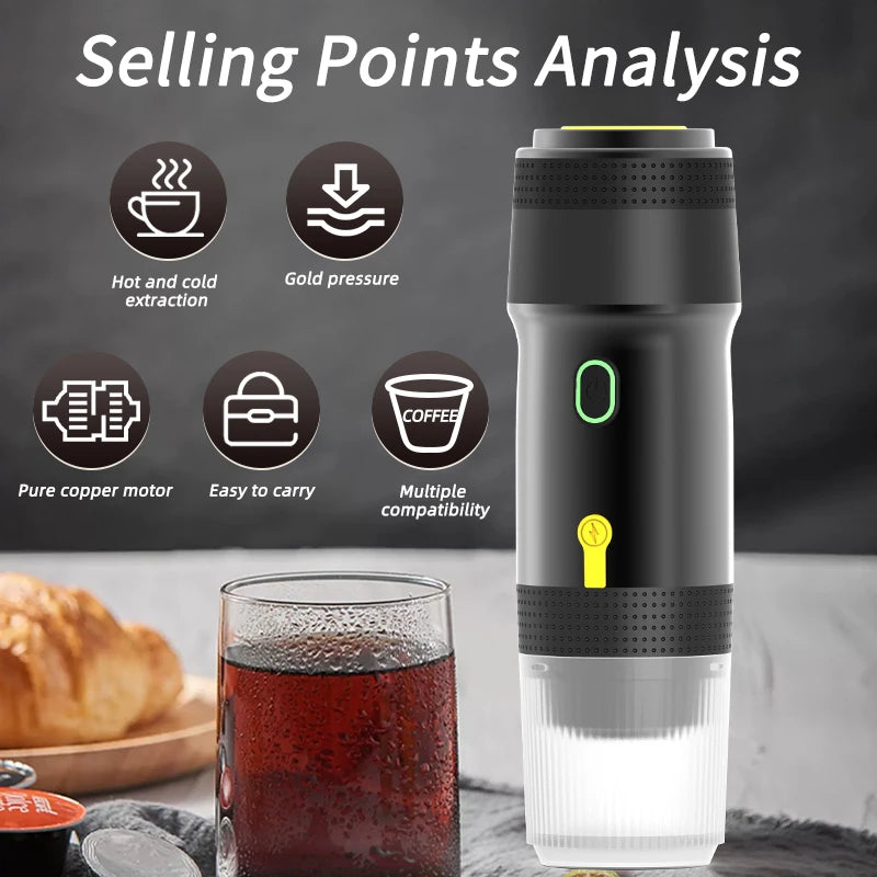A portable black and silver coffee maker beside a glass of coffee and icons detailing its features.