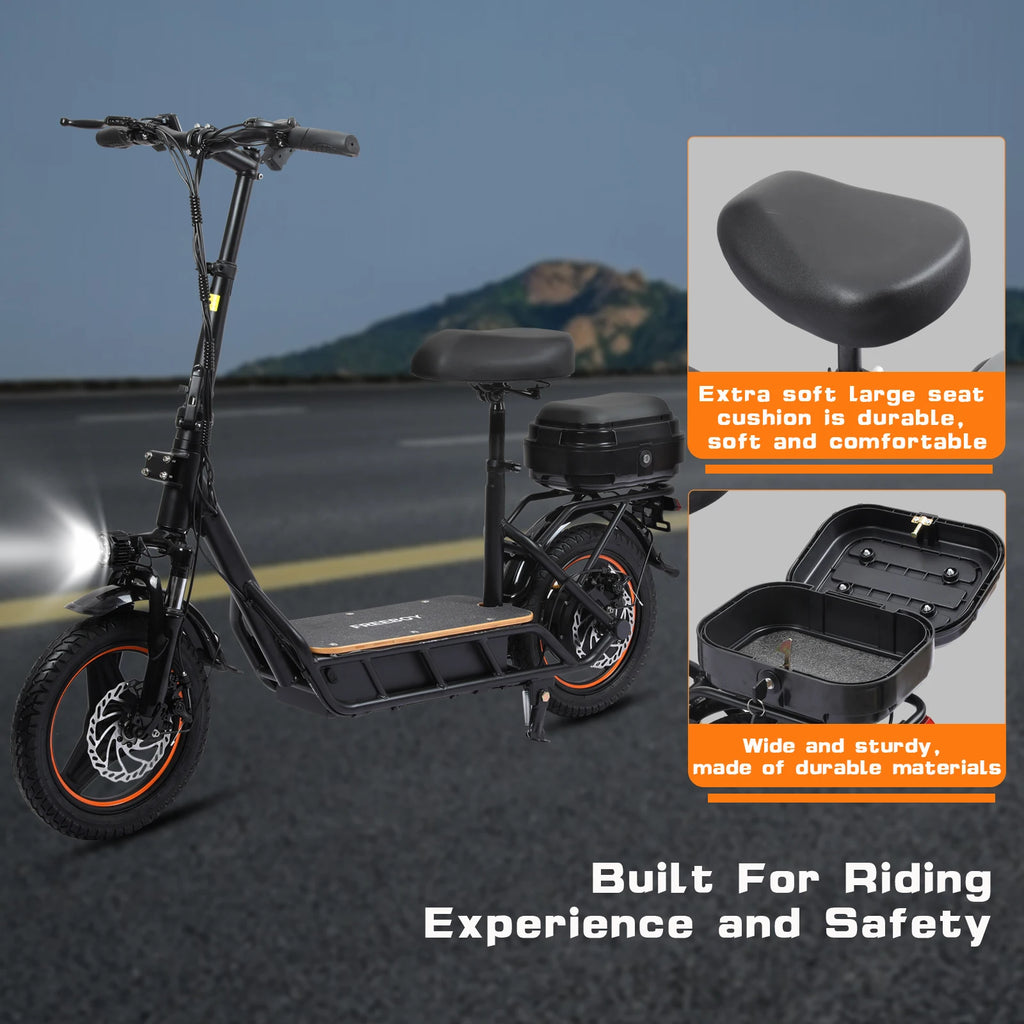 Black FREEBOY H14 electric scooter with seat, 14-inch tires, headlight, and rear storage box.