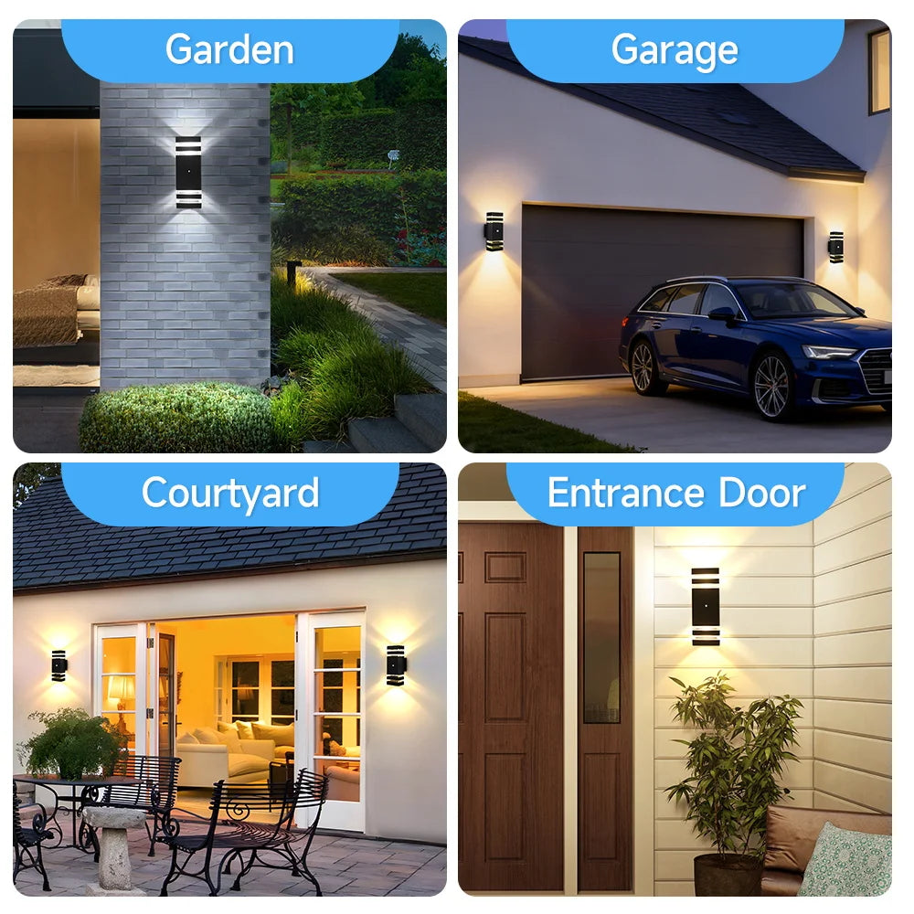 Modern black smart motion sensor outdoor LED wall lights shown installed in a garden, garage, courtyard, and entrance.