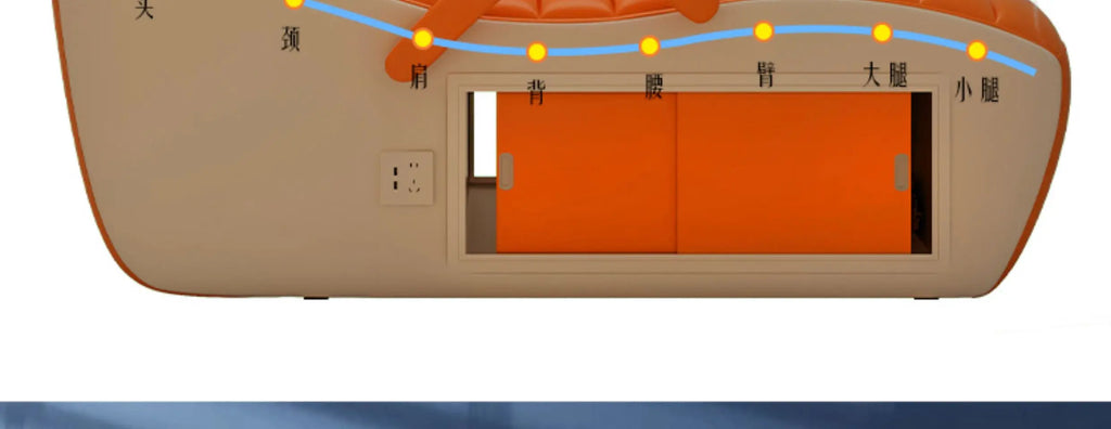 Orange and cream massage bed with a built-in sliding storage compartment and side power socket.
