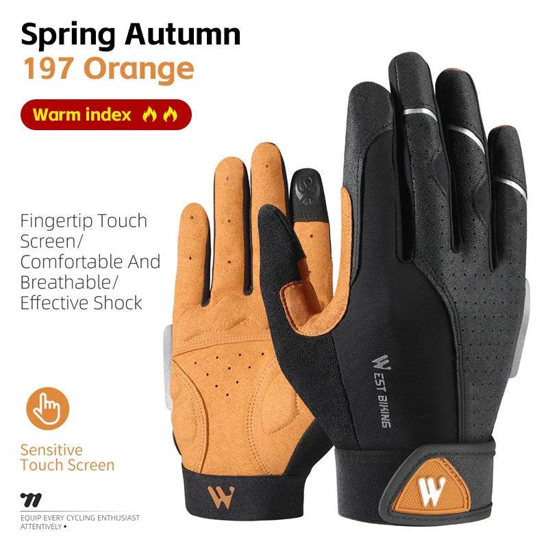 A pair of West Biking cycling gloves in black and orange with touch-screen fingertips and velcro wrist straps.
