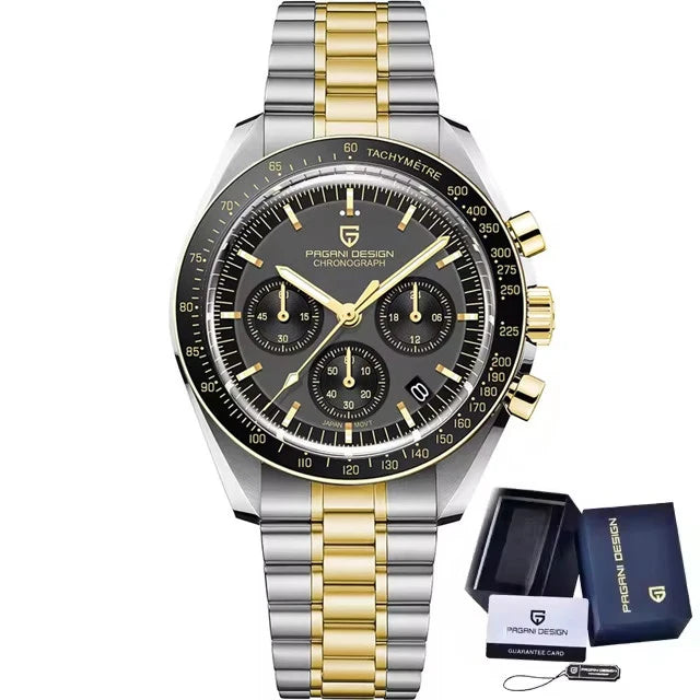 Pagani Design men's two-tone silver and gold chronograph watch with black dial, tachymeter bezel, and three sub-dials.