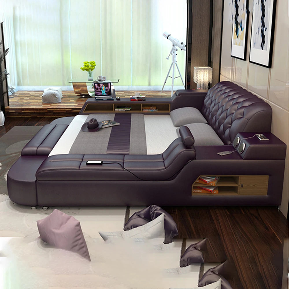 Purple tufted upholstered platform bed with integrated shelving, built-in speakers, and ambient LED lighting.