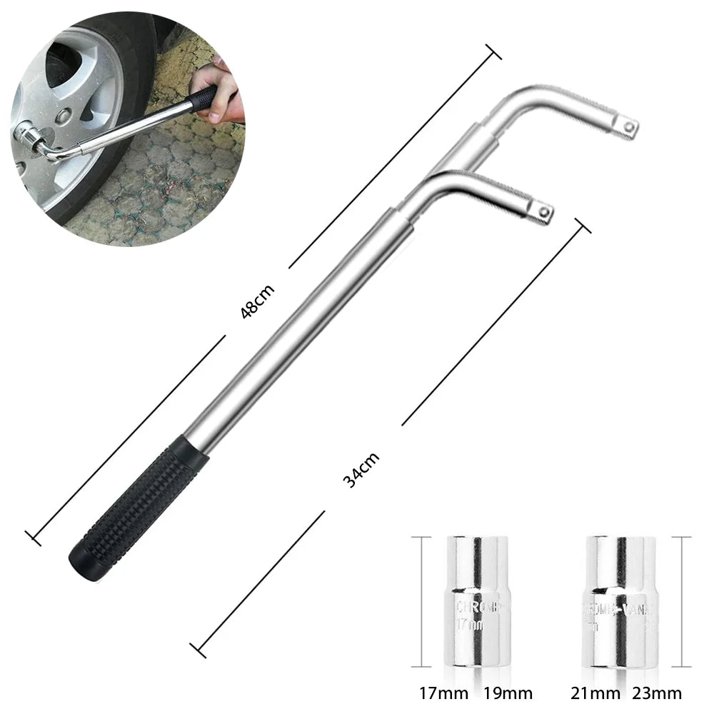 Silver extendable car lug wrench with black grip, two sockets (17-23mm), and dimensional arrows.