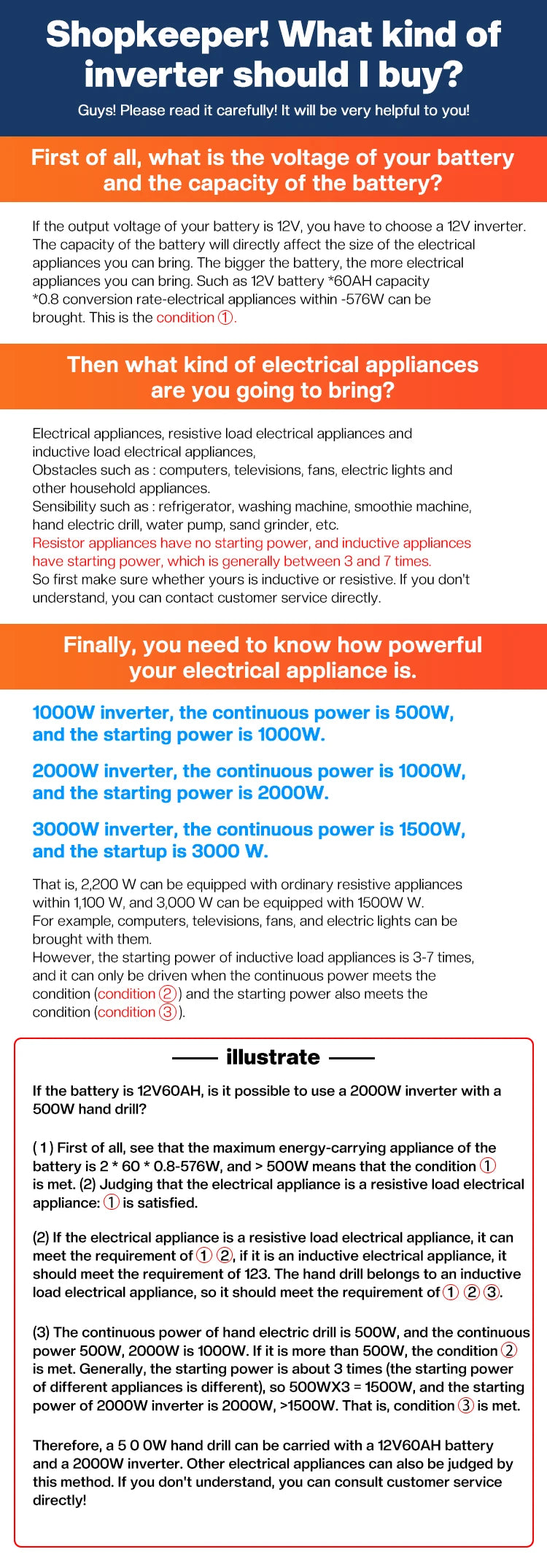 Infographic guide on selecting a 12V to 220V power inverter based on battery capacity and appliance power requirements.