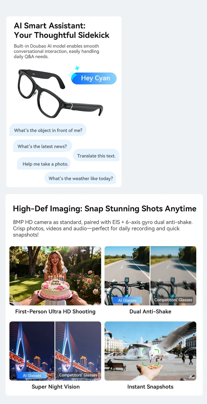Black smart glasses with built-in HD camera, AI assistant features, and image stabilisation for recording.