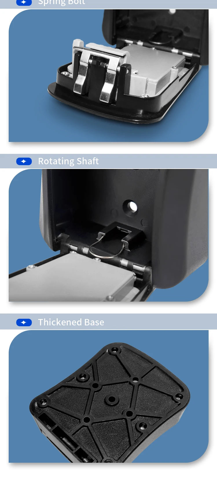 Close-up of a black plastic key lock box showing the internal metal spring bolt, hinge shaft, and ribbed base.
