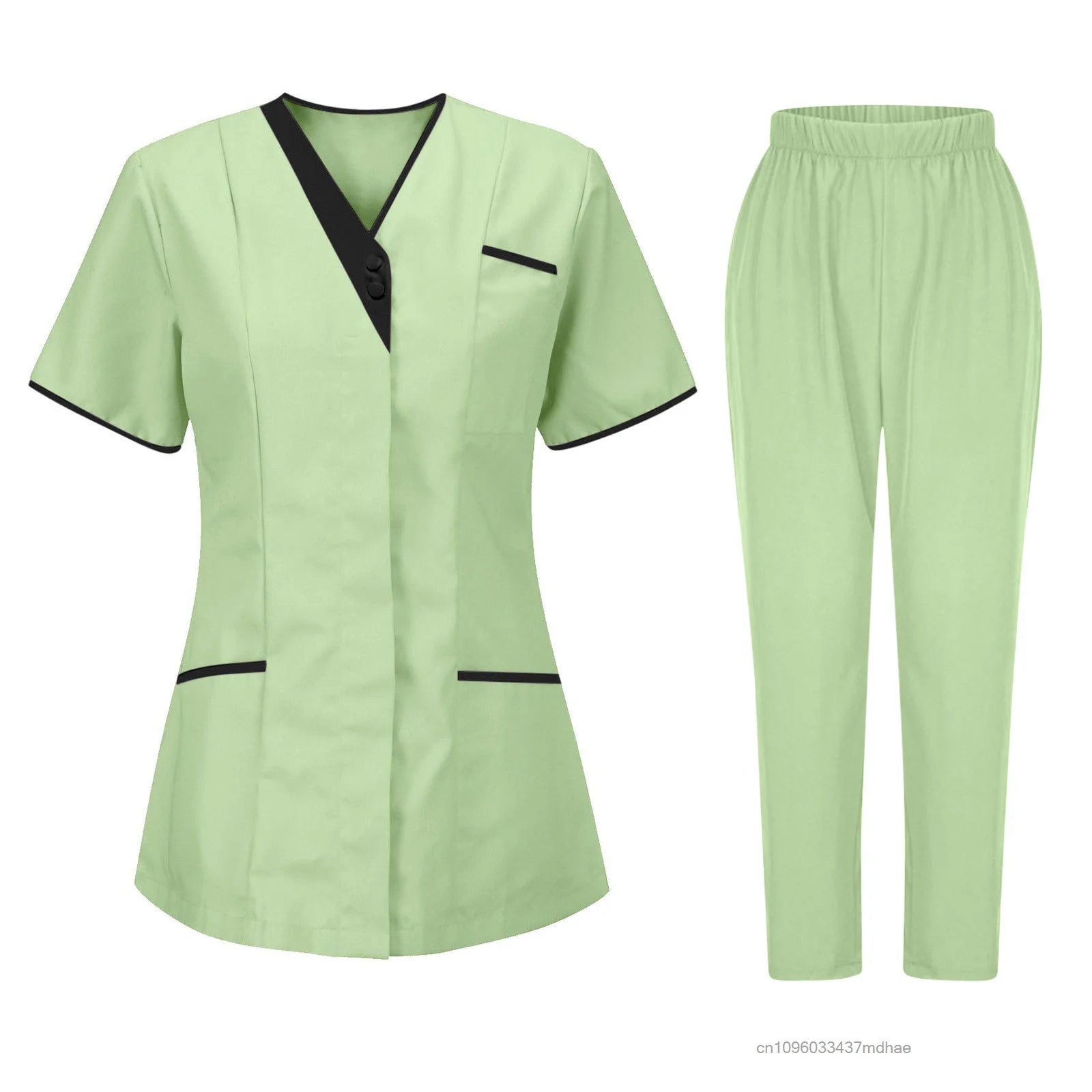 Light green women's uniform set featuring a V-neck tunic with black trim, short sleeves, and matching trousers.