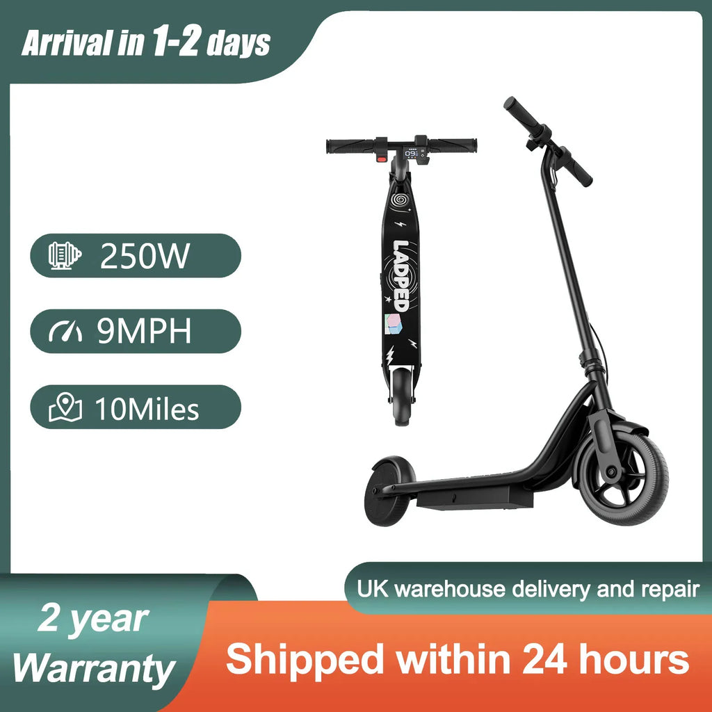 Black Ladped kids electric scooter with 8.5-inch tires, digital display, and branded stem graphics.