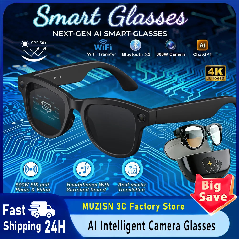 Black, classic-style smart glasses featuring a built-in 4K camera, Bluetooth audio, and AI-powered translation.