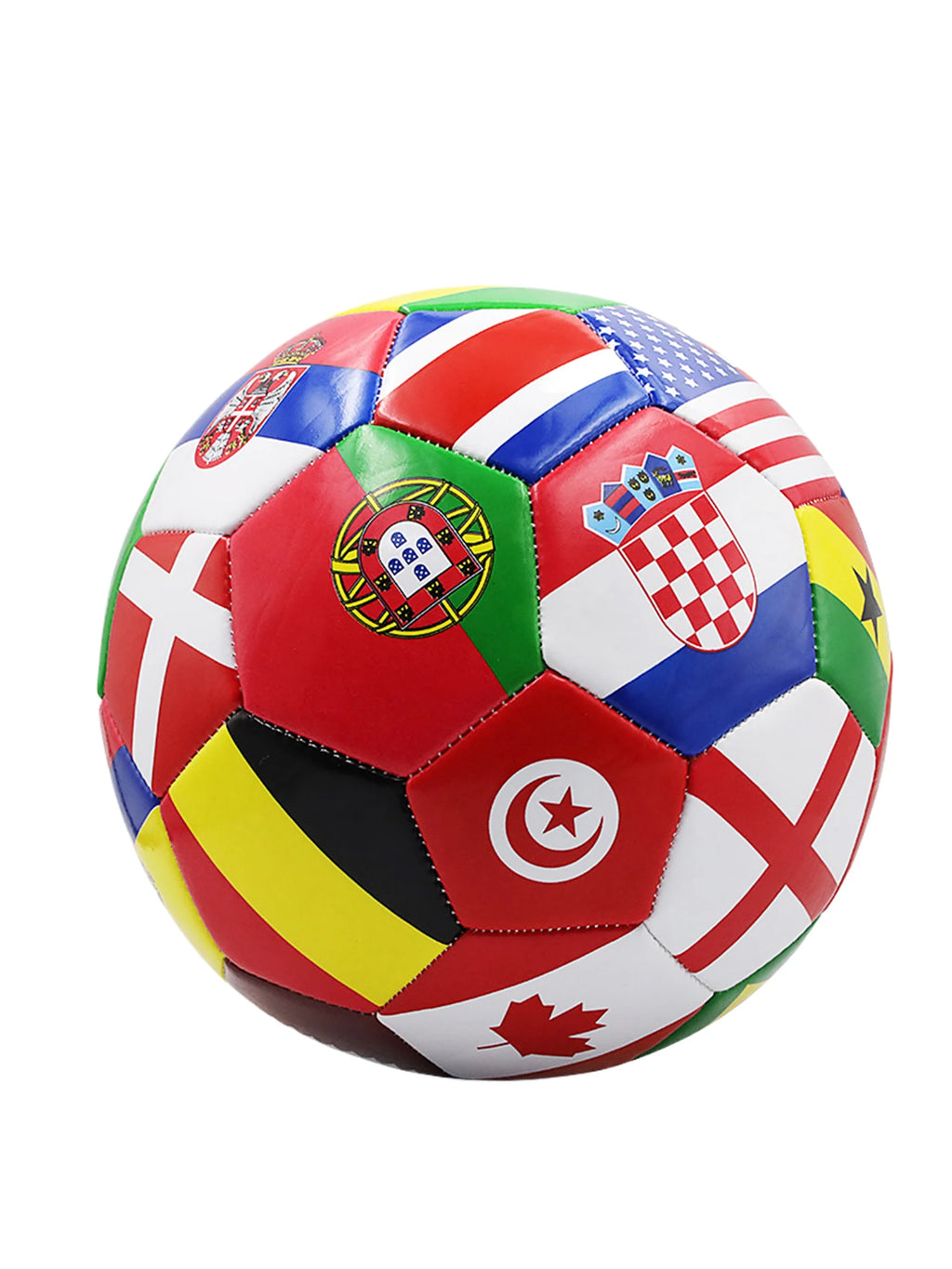 Multi-coloured football featuring various international flags and emblems, designed with traditional hexagonal panels.