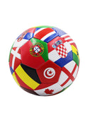 Multi-coloured football featuring various international flags and emblems, designed with traditional hexagonal panels.