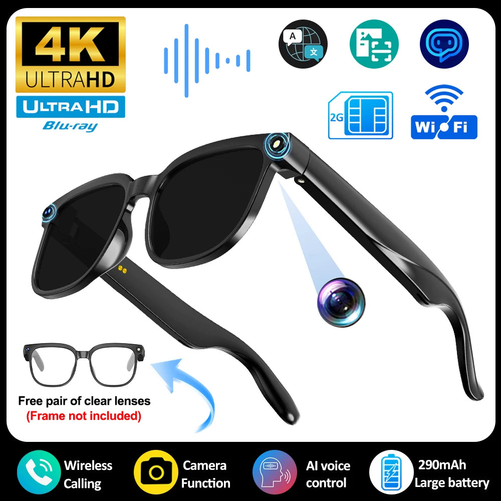 Sleek black smart glasses featuring a 4K camera, Bluetooth, AI voice control, and a spare pair of clear lenses.