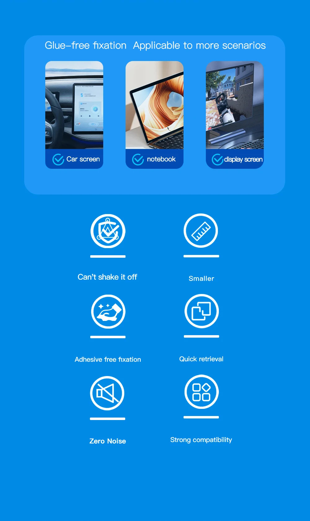 Blue infographic showing glue-free, versatile screen mounting clips with icons for stability, size, and noise-free use.