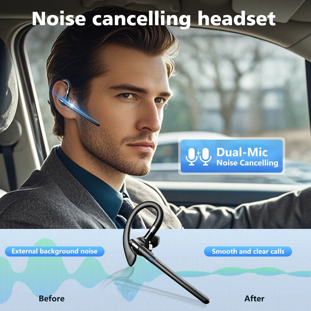 A man wears a sleek black wireless Bluetooth earpiece with a microphone while driving. Features dual-mic noise cancelling.